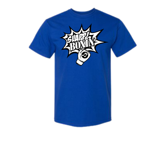 Classic White & Black Slapp Boxin' Logo- Blue Tee